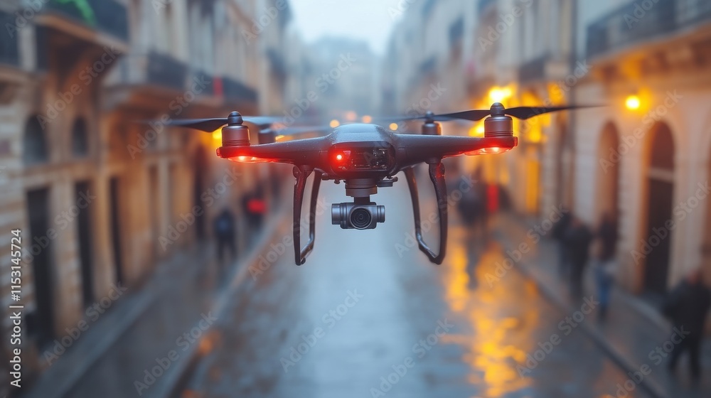 Obraz premium Drone flying over a rainy city street at night.