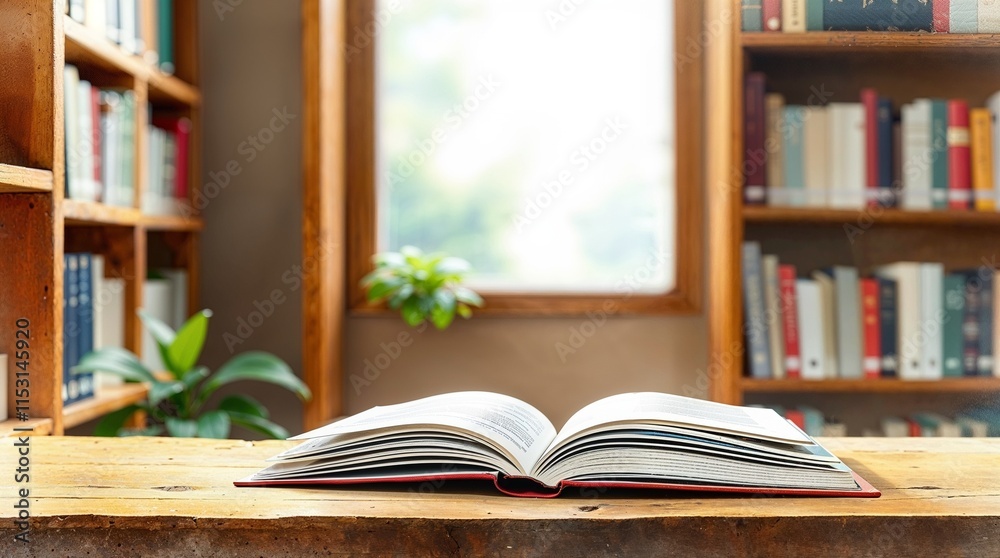 Open Book on wood table and blurred bookshelf in the library, education background, back to school concept Open Book on wood table and blurred bookshelf in the library, education background, back to school concept