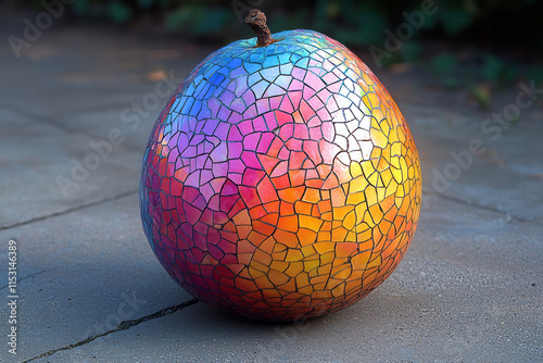 A mango turned into a vibrant mosaic, with its surface made from thousands of tiny colored tiles that shimmer in sunlight, photo