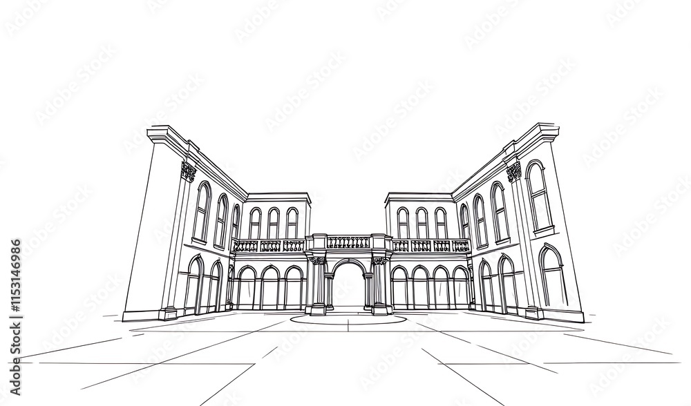 Fototapeta premium Elegant Mansion Sketch: Detailed Architectural Line Drawing. AI Generated