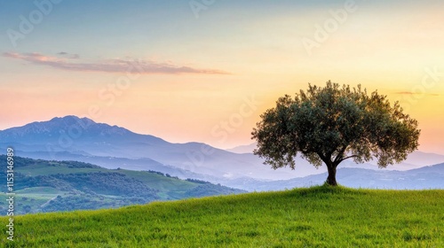 Serene Landscape with Olive Tree Against Stunning Mountain Horizon at Sunset