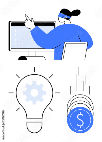 Woman using computer with VR headset, light bulb with gear inside, coins with dollar sign falling. Ideal for technology, innovation, virtual reality, user interface, investment, business strategy