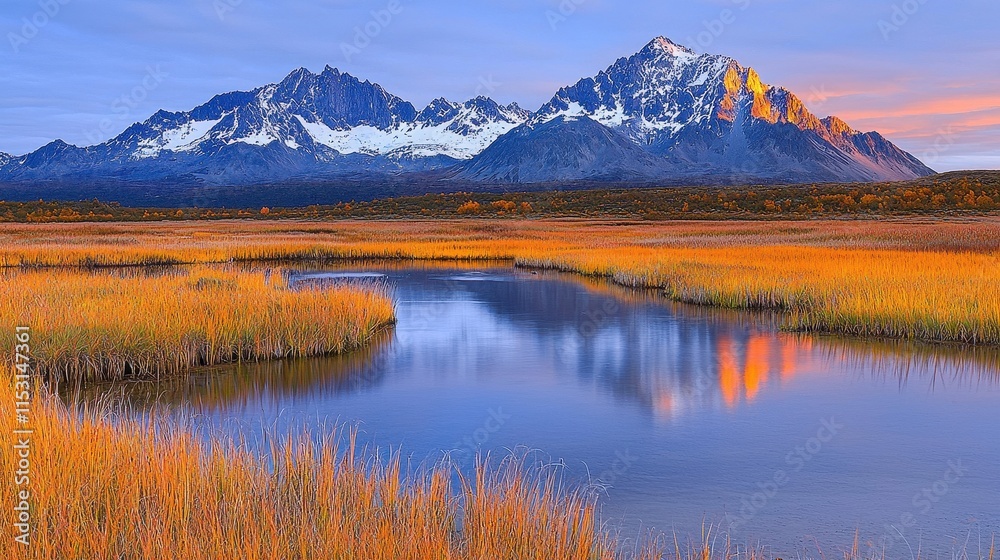 Serene Landscape with Majestic Mountains and Tranquil Waters at Sunrise