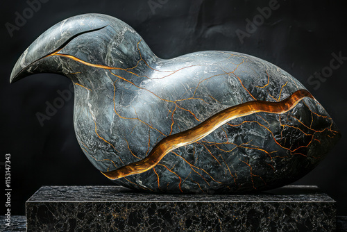 A kiwi sculpted from marble, with golden veins running through its cross-section, photo