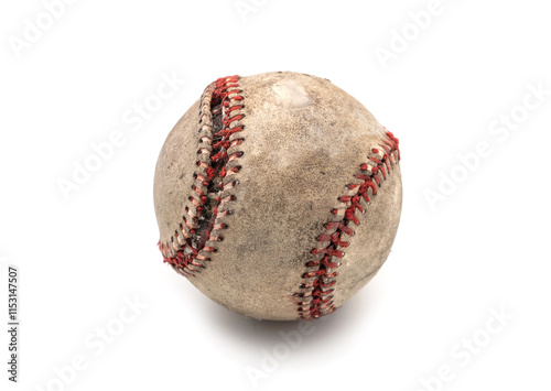 Photography Old Worn out baseball with broken stitching  isolated on white background