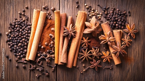 Assortment of Spices on Rustic Wooden Background