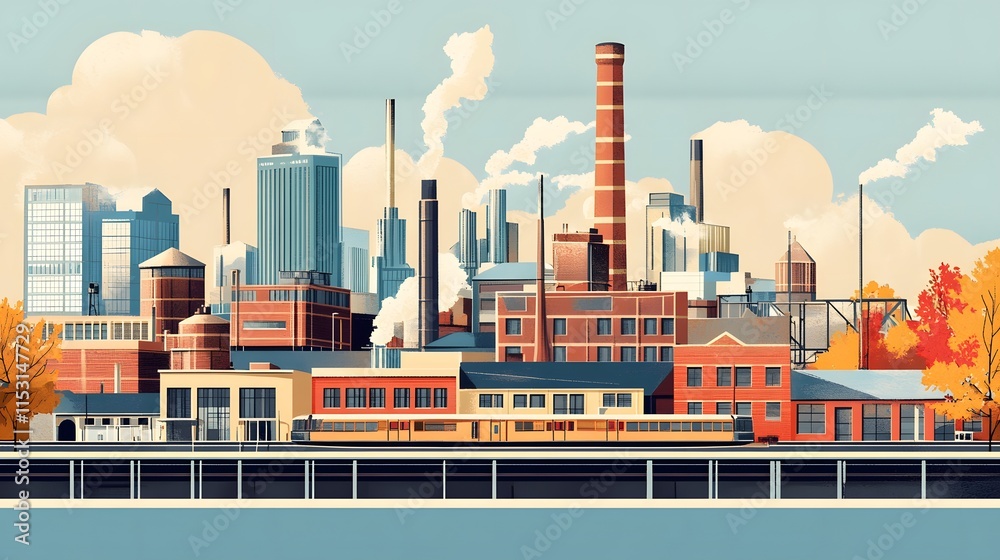 Obraz premium Industrial Cityscape Featuring Train and Autumn Trees