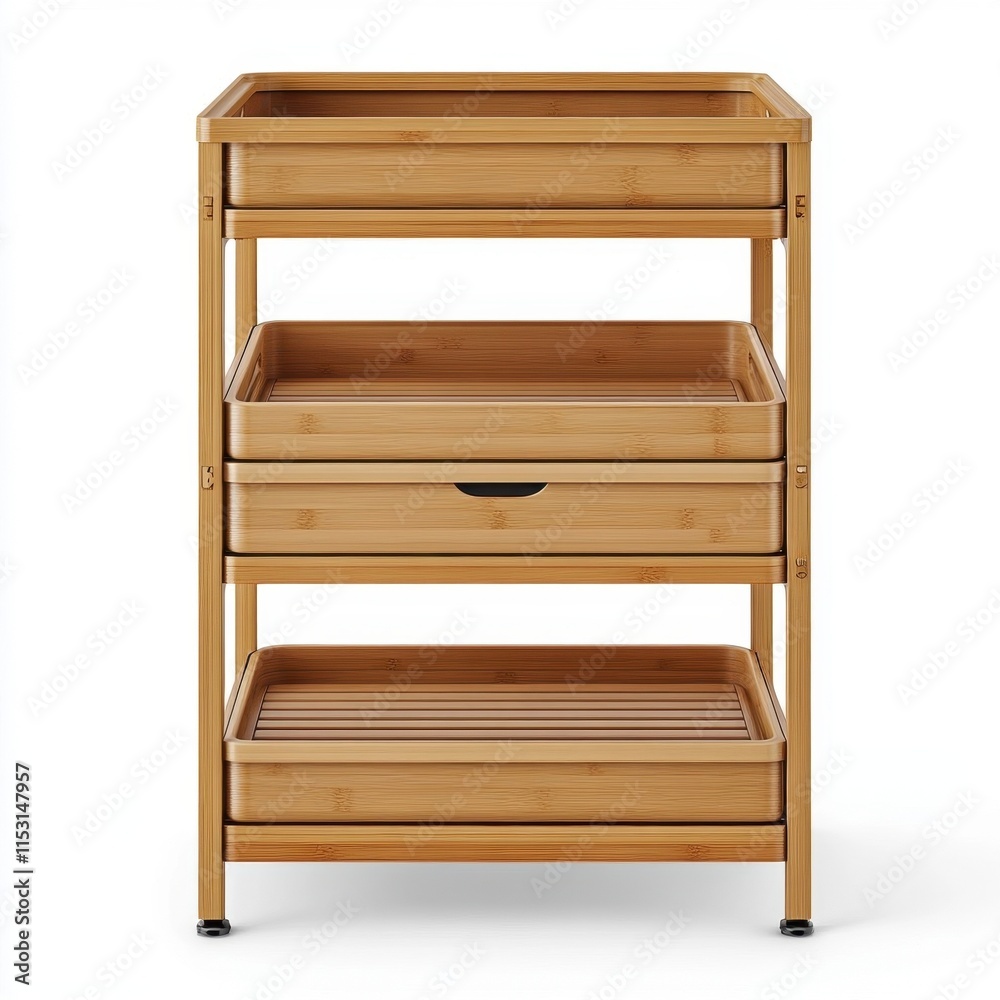 Three-Tier Bamboo Storage Cart with Drawers - Modern Kitchen Organizer. Three-Tier Bamboo Storage Cart with Drawers - Modern Kitchen Organizer.
