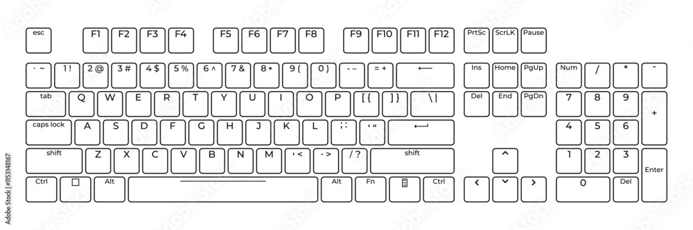 Computer keyboard button layout template with letters for graphic use. Modern computer keyboard. Vector illustration