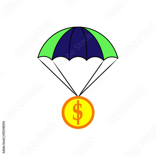 golden coin with parachute like inflation. concept of business need cash or state subsidies. cartoon flat style easy money delivery logotype graphic design web element isolated on white background
