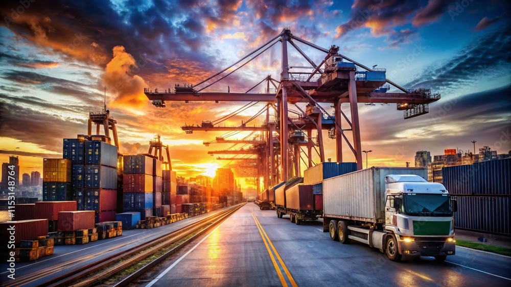Gritty Documentary Photo: Trucks & Shipping Containers at Dusk Gritty Documentary Photo: Trucks & Shipping Containers at Dusk