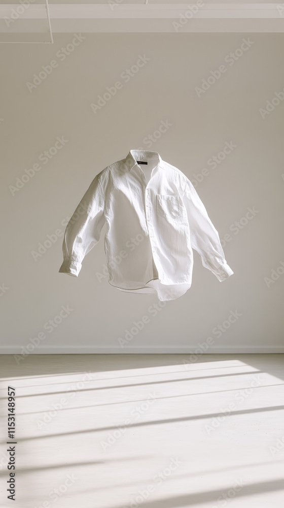 Airy white shirt hovering in natural light, surreal and serene Airy white shirt hovering in natural light, surreal and serene