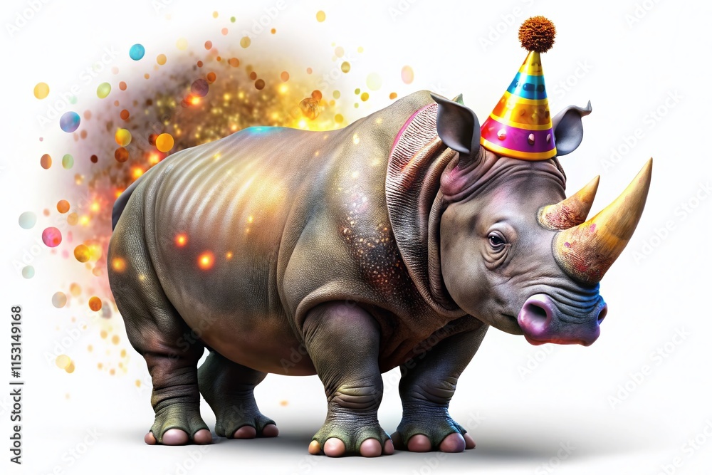 Obraz premium Grumpy Rhino Party Hat Clipart - Funny Animal Isolated PNG