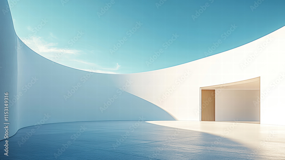 Minimalist interior of a white, curved wall, blue sky, and a large space with a door leading to an open room Minimalist interior of a white, curved wall, blue sky, and a large space with a door leading to an open room