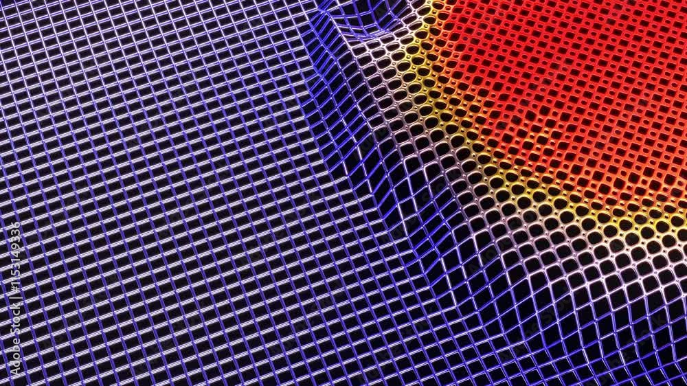 Morphing grid surface with dynamic color transitions from blue to red through yellow. Square segments shift and transform, creating fluid wave-like motion, resembling data visualization or