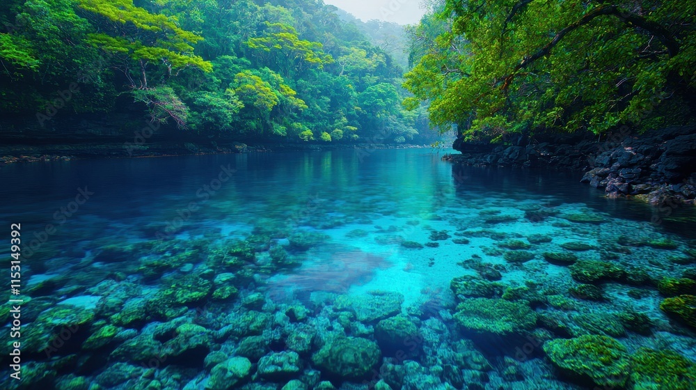 Serene Tropical Lagoon Surrounded by Lush Greenery and Clear Blue Waters at Dusk Serene Tropical Lagoon Surrounded by Lush Greenery and Clear Blue Waters at Dusk