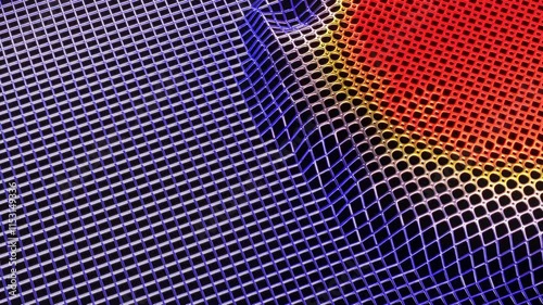Morphing grid surface with dynamic color transitions from blue to red through yellow. Square segments shift and transform, creating fluid wave-like motion, resembling data visualization or