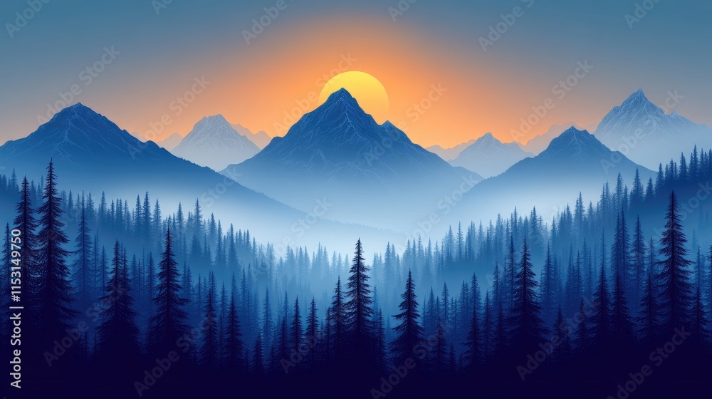 Obraz premium Serene Sunset Over Misty Mountains and Forest