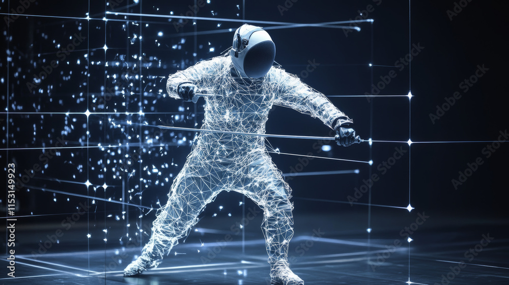 Hologram fencing. Swords for fencing from polygons, triangles of points and lines. Fencing is a low-poly compound structure. The technology concept. Hologram fencing. Swords for fencing from polygons, triangles of points and lines. Fencing is a low-poly compound structure. The technology concept.