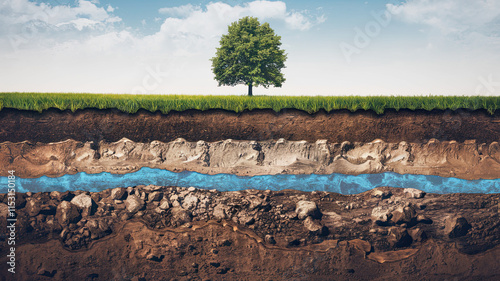 Cross-Sectional View of the Ground Layers, Lush Green Grass with Solitary Tree, Dark Soil, Sandy Soil, Rocky and Clayey Layers, Blue Water Layer, Detailed Geological Composition 