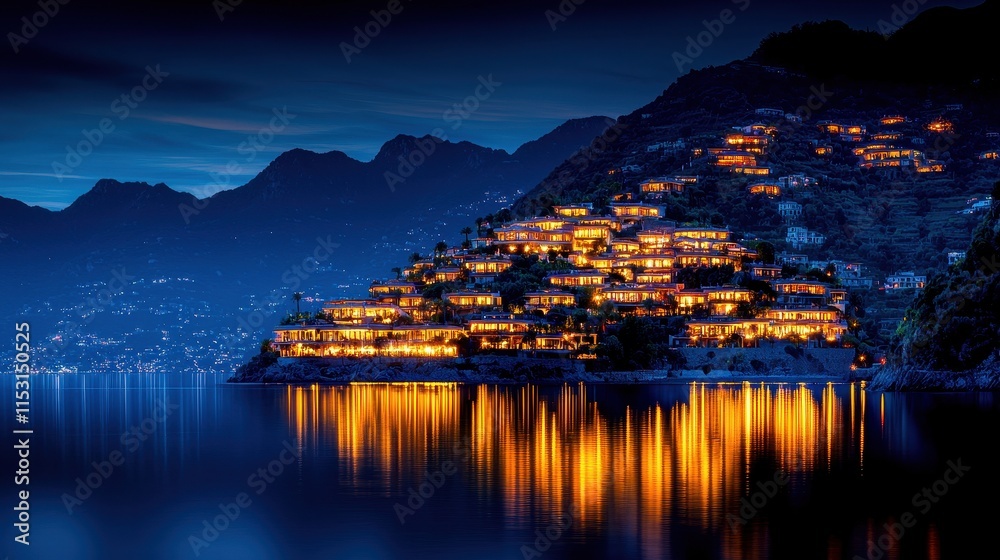 Fototapeta premium Tranquil Nightscape of Illuminated Village Along Serene Lake Surrounded by Mountains