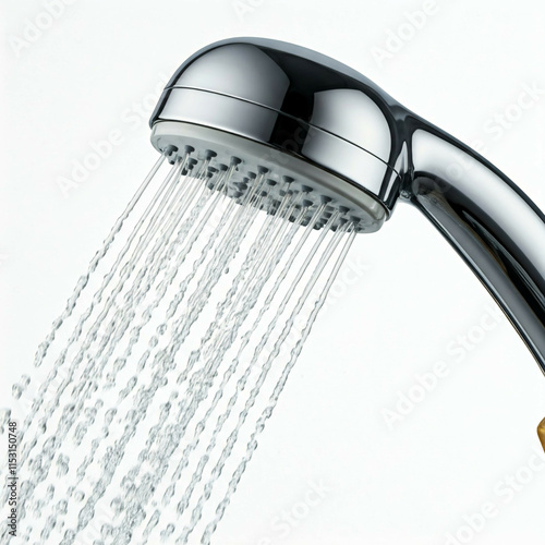 shiny silver shower head with water streams against white background photo