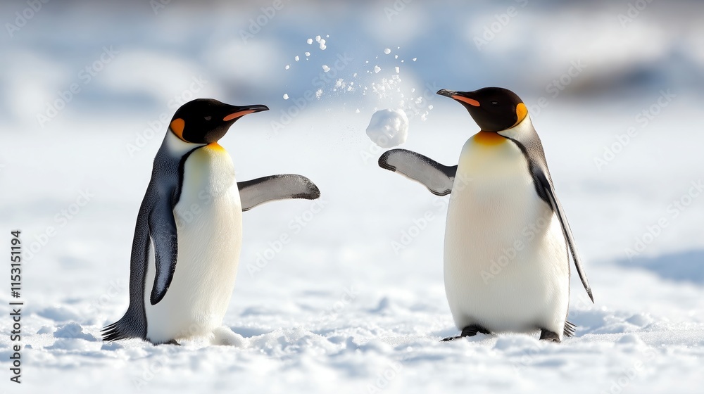 Fototapeta premium Playful Penguins Engaging in a Snowball Fight in a Winter Wonderland of Snowy Landscape and Ice-filled Environment