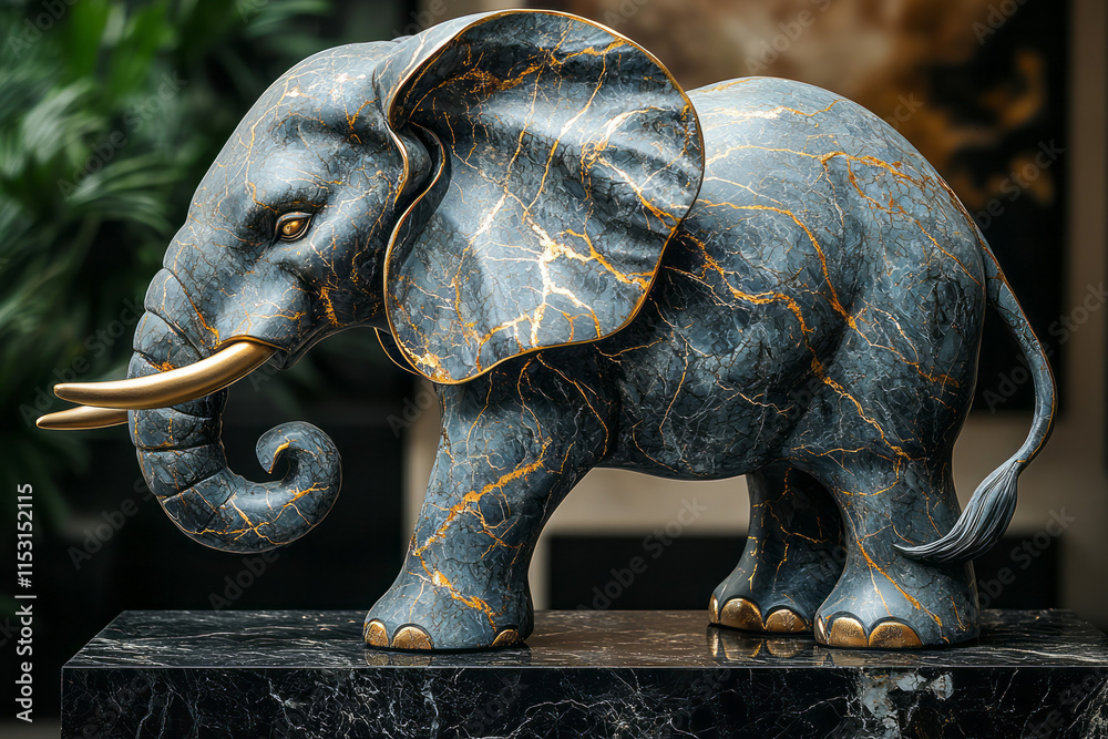 Obraz premium An elephant sculpted from marble, with veins of gold highlighting its trunk and large ears,