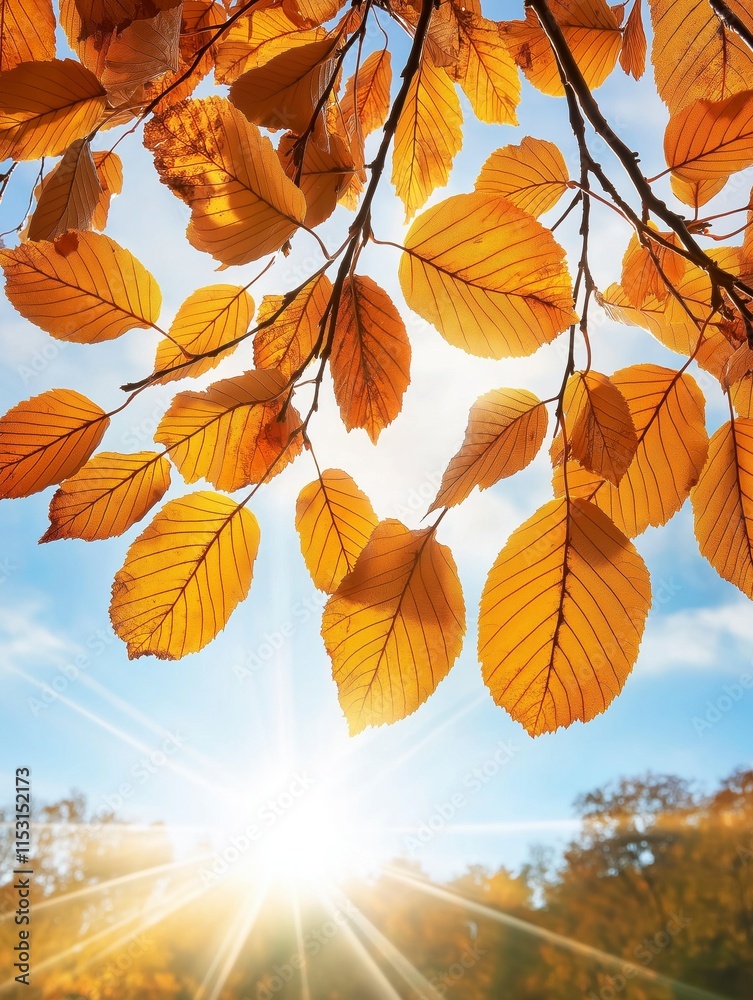 Stunning Canopy of Autumn Leaves Bathed in Sunlight from Below with Blue Sky and Fluffy Clouds Providing a Breathtaking Natural View for Nature Lovers Stunning Canopy of Autumn Leaves Bathed in Sunlight from Below with Blue Sky and Fluffy Clouds Providing a Breathtaking Natural View for Nature Lovers