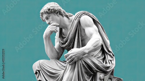 Ancient Greek or Roman Statue of a Person in Thinking Pose, White Sculpture with Solid Turquoise Background, Classical Art Figure, Intellectual Reflection, Iconic Historical Artwork for SEO photo