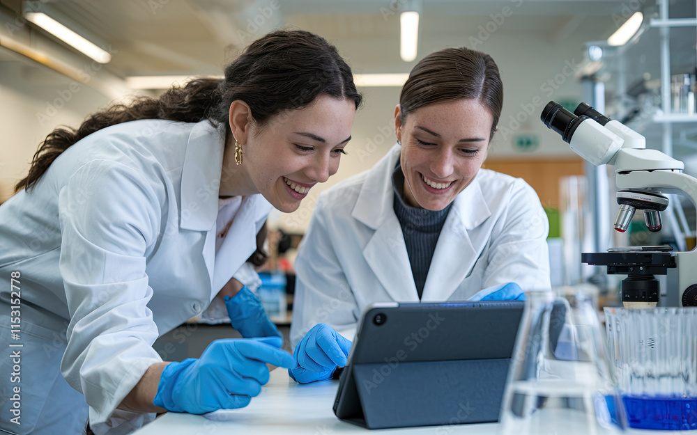 Two female scientists in white lab coats and blue gloves in a laboratory, one leaning over a table looking at a digital device with a joyful expression, while the other smiles, with lab equipment Two female scientists in white lab coats and blue gloves in a laboratory, one leaning over a table looking at a digital device with a joyful expression, while the other smiles, with lab equipment