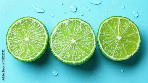 Three sliced limes on a blue background with water droplets.