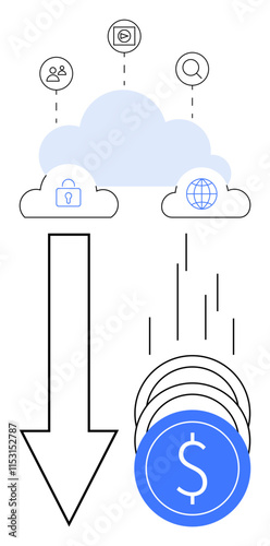 Large arrow pointing down from cloud containing security, user groups, and search icons coins falling from another cloud. Ideal for technology, finance, internet, security, business solutions, cloud