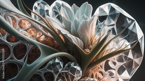 delicate floral forms intertwine with geometric crystalline structures creating an elegant surreal abstract composition