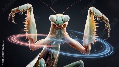 a praying mantis with glowing energy lines creates a unique and captivating sci-fi insect portrait