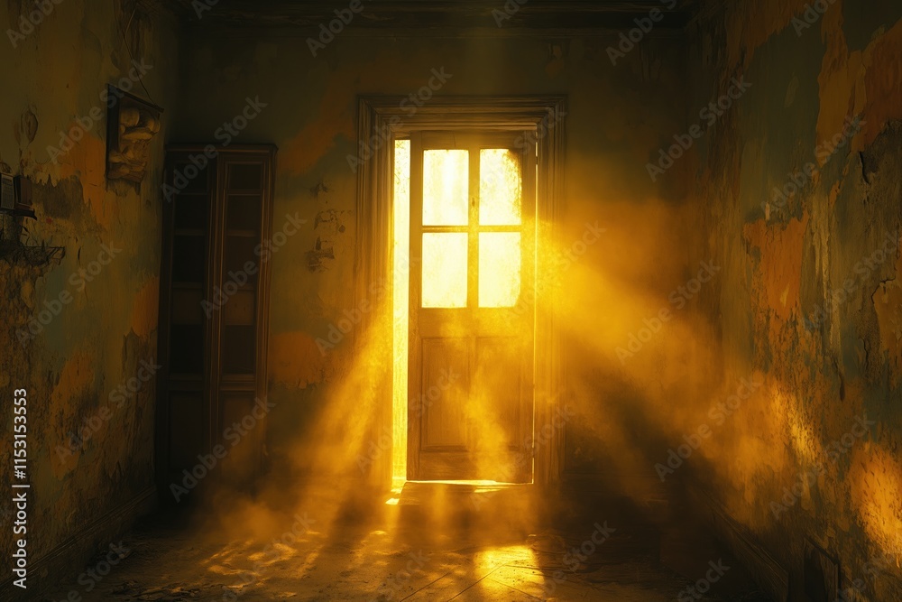 Sunlit Abandoned Room Doorway Dusty Golden Light Rays Sunlit Abandoned Room Doorway Dusty Golden Light Rays