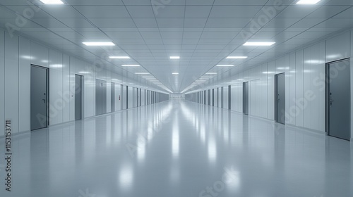 Long, bright, sterile corridor with many doors.