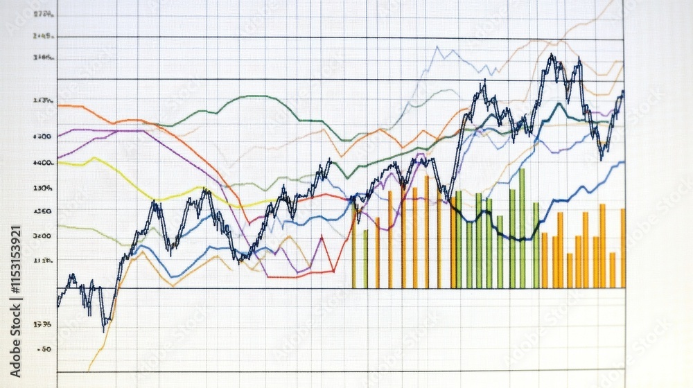 An abstract financial chart with colorful lines and bars representing stock market trends and data analytics. An abstract financial chart with colorful lines and bars representing stock market trends and data analytics.