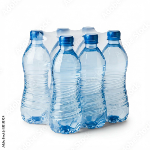 four clear plastic water bottles with blue caps in a plastic six pack isolated on white background