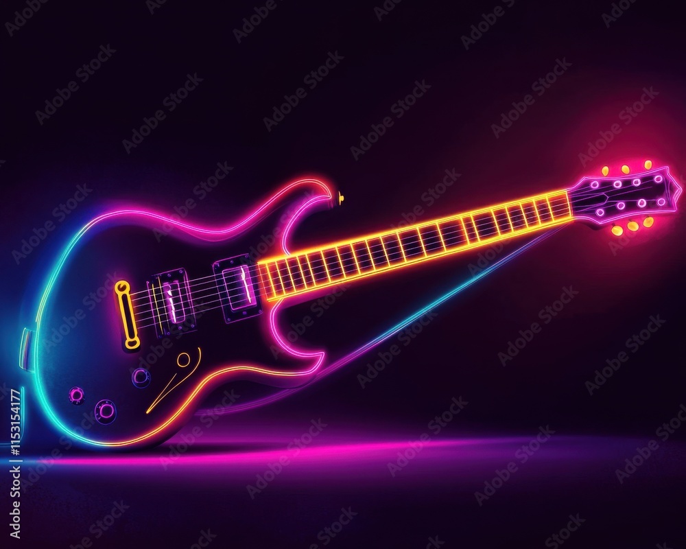Fototapeta premium A vibrant neon electric guitar with glowing strings, set against a dark background, evoking energy and creativity.