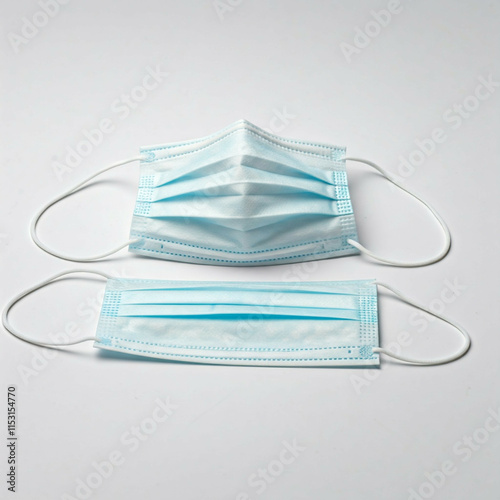 two blue surgical face masks with white elastic ear loops on white background photo