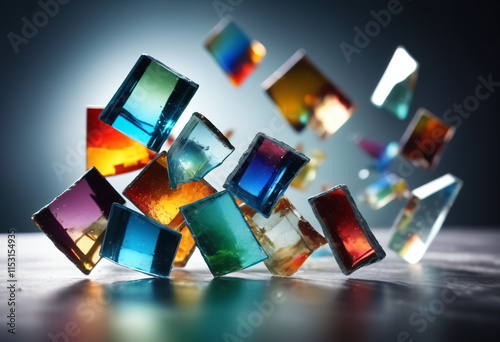 blurred background of broken colorful pieces of glass turned at different angles, flying in space, reflecting glare of light