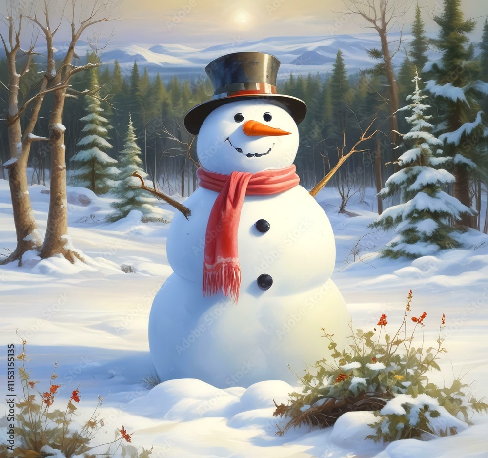 Obraz premium Illustration of snowman with winter landscape.