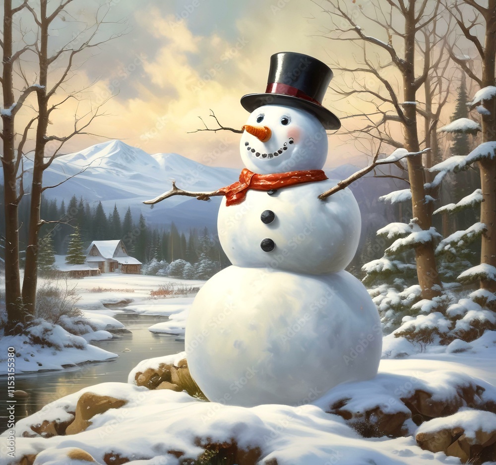 Obraz premium Illustration of snowman with winter landscape.