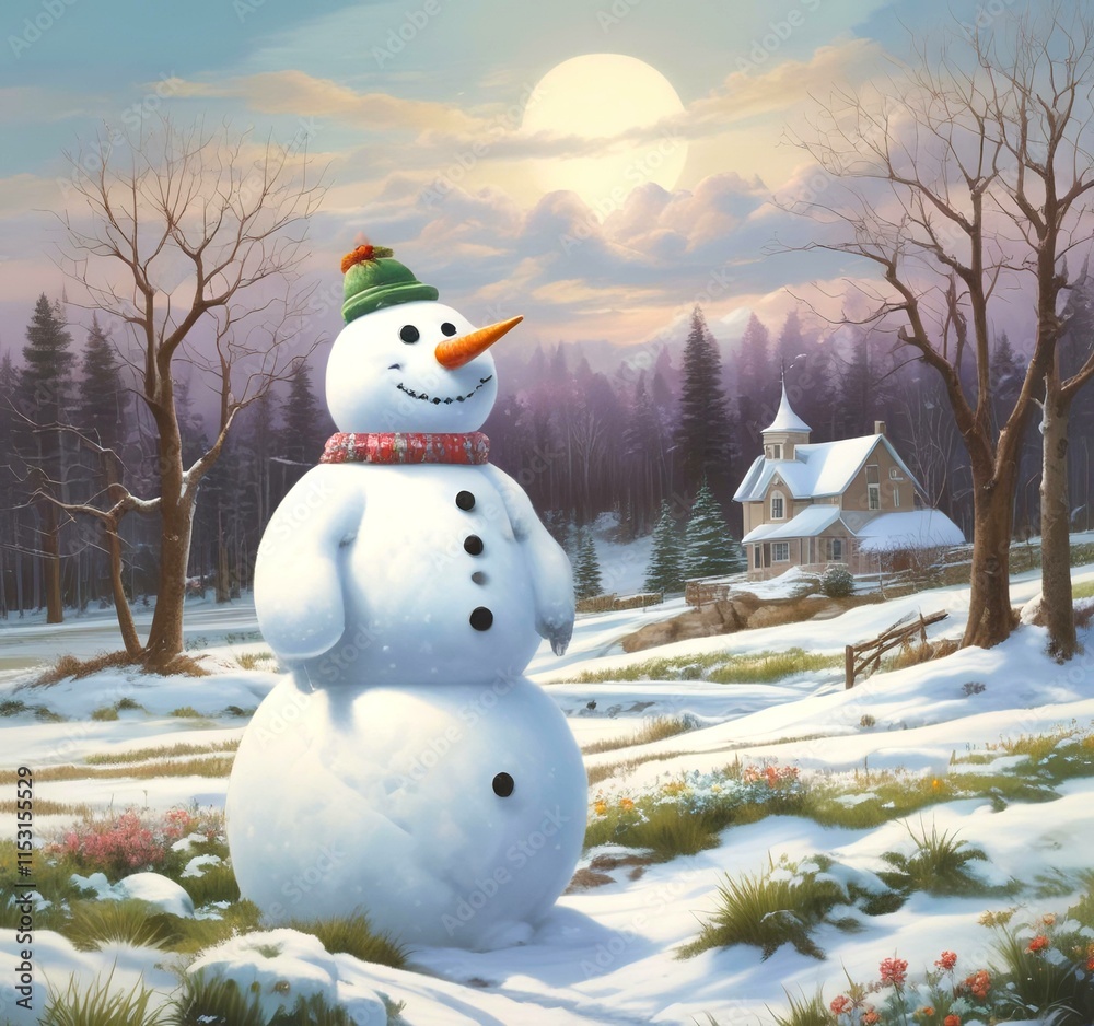 Obraz premium Illustration of snowman with winter landscape.
