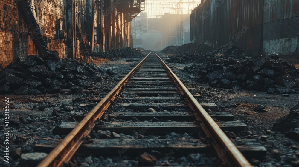Naklejka premium Abandoned Railway Tracks Surrounded by Gravel in Urban Setting