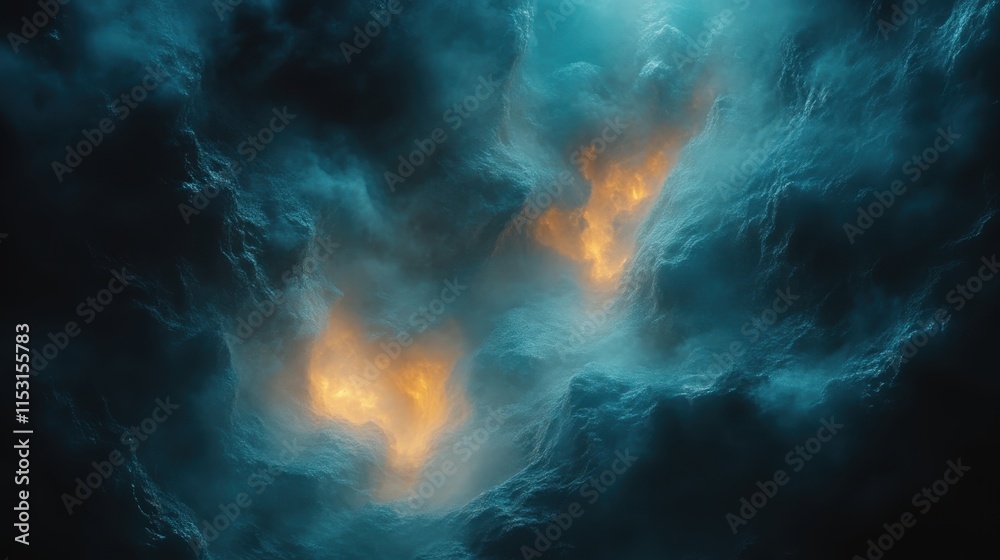 Glowing fissures in dark, swirling clouds. Glowing fissures in dark, swirling clouds.