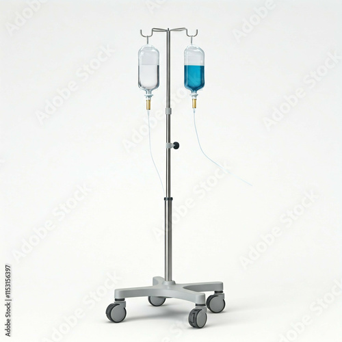 medical iv drip stand with clear and blue solution bottles on white background