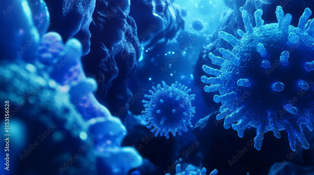 Bacteria 3D render. Spherical virus blue style. View under a microscope for bacteria Bacteria 3D render. Spherical virus blue style. View under a microscope for bacteria
