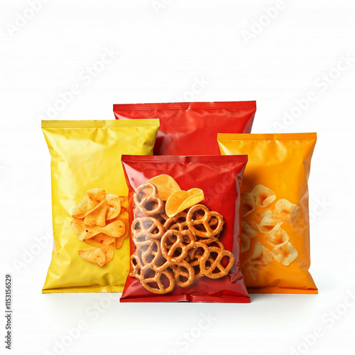 red yellow and orange snack bags on white background with pretzels and chips.